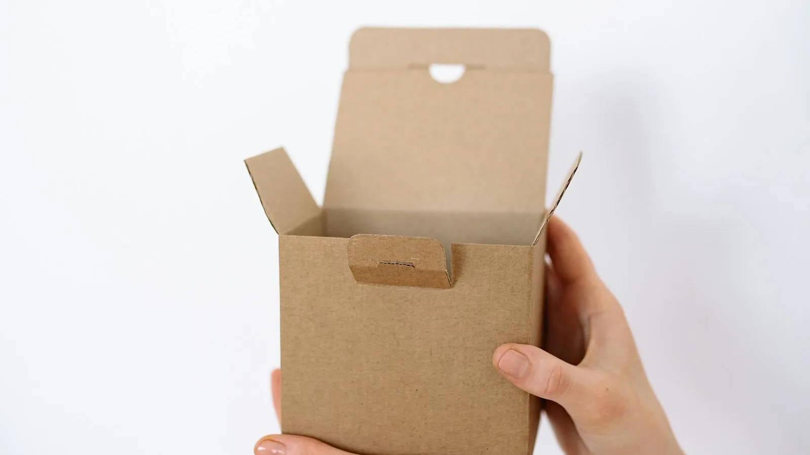 Two hands holding an open small cardboard box on a plain white background