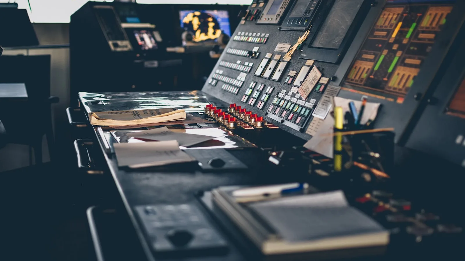 Close-up of an industrial control panel with many illuminated buttons and switches