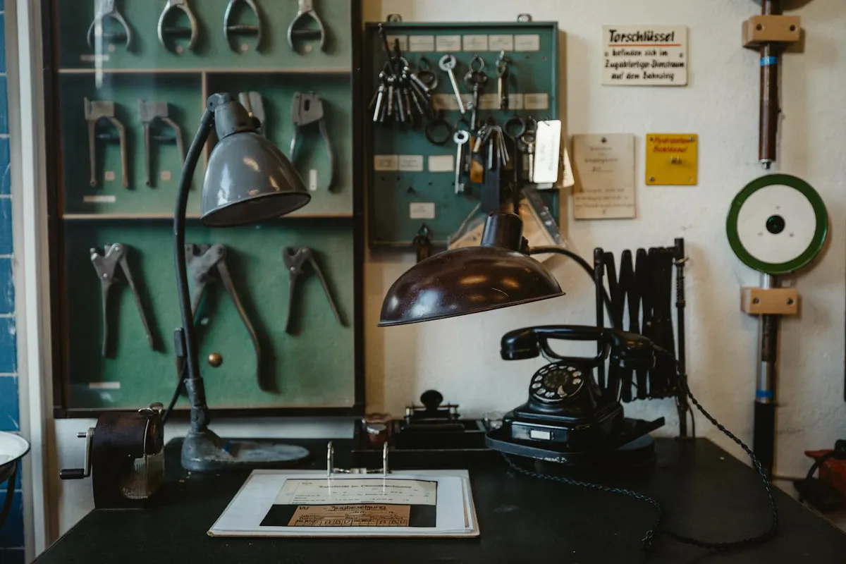 A well-used standing desk with a worn but solid frame